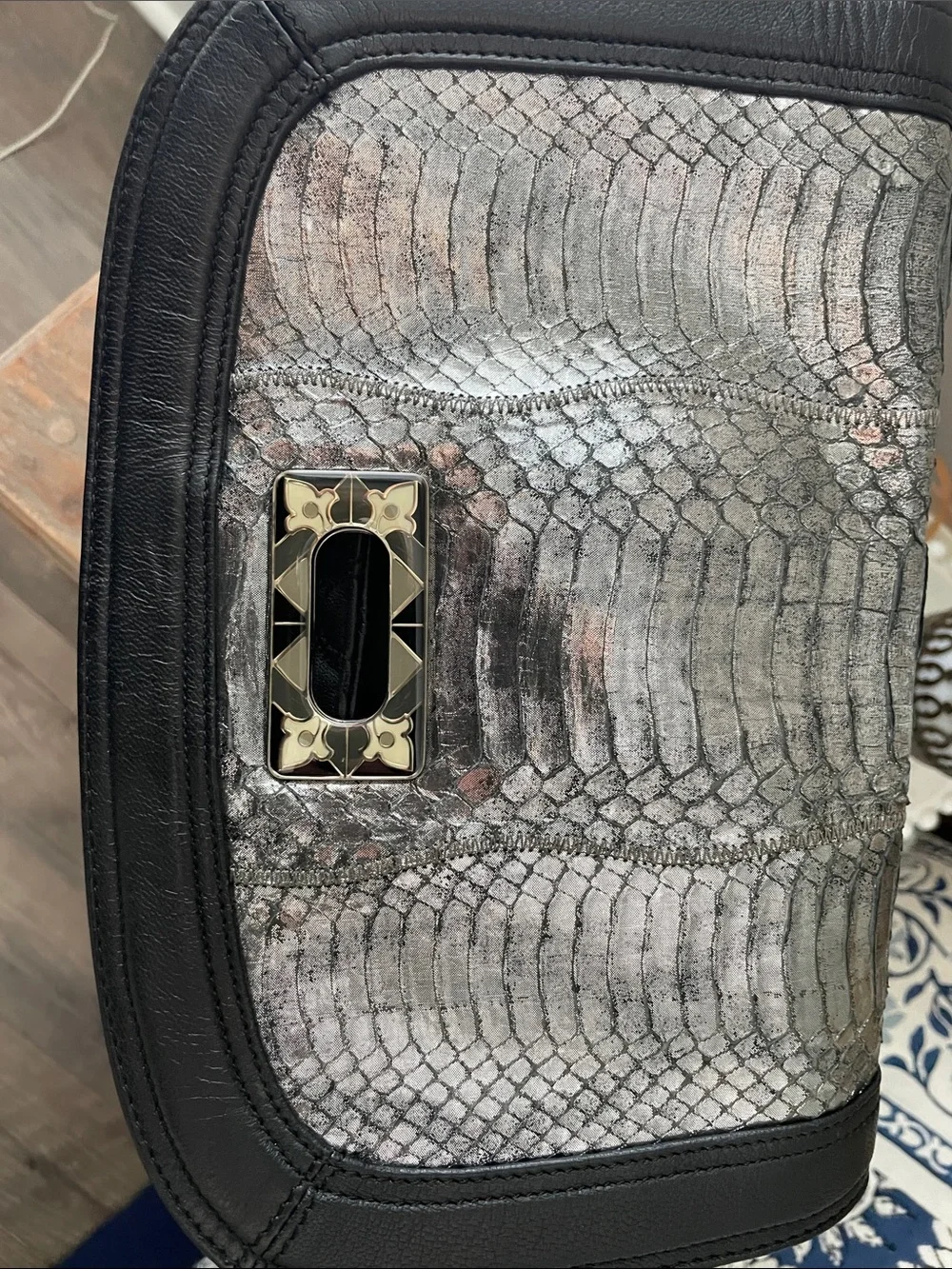 Chi by Carlos Falchi Black Leather Shoulder Bag with Silver Snake-Print Flap